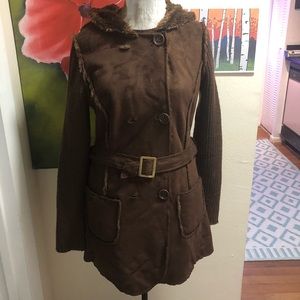 Faux fur lined suede coat